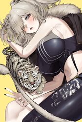  2022 animal_ears bad_id bad_twitter_id black_jacket black_nails black_pantyhose blush breasts chinese_zodiac cleavage commentary_request female fingernails from_above fur_trim grey_eyes grey_hair half-closed_eyes highres hololive jacket large_breasts lion_ears lion_girl lion_tail long_fingernails long_hair lying midriff mookie_(e_mook9) navel oerba_yun_fang on_side open_mouth pantyhose see-through see-through_cleavage sharp_fingernails shishiro_botan shishiro_botan_(1st_costume) sideboob single_leg_pantyhose skin_fang solo tail tiger two_side_up very_long_fingernails virtual_youtuber w year_of_the_tiger 