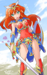  armor bikini_armor breasts brown_hair commentary_request dated female green_eyes highres leotard long_hair looking_at_viewer lucia_(madura_no_tsubasa) madura_no_tsubasa open_mouth oyster_(artist) red_leotard shoulder_armor skirt smile solo sword tiara weapon 