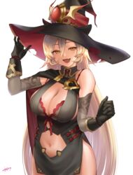  black_dress black_gloves blonde_hair blush bra bra_peek bra_strap breasts cape capelet cleavage cleavage_cutout clothing_cutout dress elbow_gloves female gloves hair_between_eyes hat holding large_breasts long_hair looking_at_viewer navel navel_cutout nijisanji nui_sociere nui_sociere_(1st_costume) oerba_yun_fang open_mouth partially_fingerless_gloves red_bra skin_fang skindentation sleeveless sleeveless_dress slit_pupils solo thick_thighs thighs underwear very_long_hair virtual_youtuber white_background witch_hat yasawa_kichi yellow_eyes 