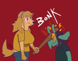  anthro big_breasts bird_dog bonk_(meme) bonk_(sound_effect) breasts canid canine canis clothed clothing club_(weapon) contact_onomatopoeia digital_media_(artwork) domestic_dog dragon duo eyewear female female/female flat_chested floppy_ears glasses go_to_horny_jail golden_retriever green_body hair head_hit hitting horn hunting_dog impact_onomatopoeia mammal melee_weapon meme mythological_creature mythological_scalie mythology newd onomatopoeia reaction_image retriever scalie simple_background sound_effects sparks_(newd) sybyl_(newd) tail text weapon 