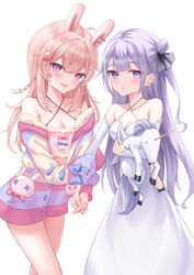  2girls :o ahoge animal_ears azur_lane breasts cleavage commentary commission criss-cross_halter crossover detached_sleeves dress duplicate halterneck highres holding_hands long_hair looking_at_viewer medium_breasts multiple_girls naga_(pixiv70891418) off_shoulder open_mouth phase_connect pink_eyes pink_hair pipkin_pippa pipkin_pippa_(1st_costume) pixel-perfect_duplicate pixiv_commission purple_eyes purple_hair rabbit_ears sidelocks simple_background sleeves_past_fingers sleeves_past_wrists smile standing stuffed_winged_unicorn unicorn_(azur_lane) very_long_sleeves virtual_youtuber white_background white_dress 