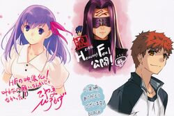  2boys 2girls absurdres black_(artist) blindfold blue_hair buttons collared_dress dress emiya_shirou facial_mark fate/stay_night fate_(series) forehead forehead_mark hair_ribbon heaven&#039;s_feel highres jacket koyama_hirokazu matou_sakura matou_shinji medusa_(fate) medusa_(rider)_(fate) multicolored_clothes multicolored_jacket multiple_boys multiple_girls orange_eyes pink_ribbon puffy_short_sleeves puffy_sleeves purple_eyes purple_hair red_hair ribbon shima_udon short_sleeves smile translation_request turtleneck two-tone_jacket white_dress 