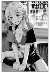  bikini blush border breasts chiarashi_mahina cleavage female greyscale head_tilt highres indoors large_breasts long_hair looking_at_viewer monochrome nagashii_kouhei navel open_clothes open_shirt scary_campus_college_university smile socks solo swimsuit white_border 