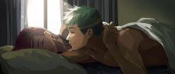  1boy 2gou apex_legends bad_id bad_tumblr_id black_eyes couple facial_hair female green_hair hair_behind_ear half-closed_eyes hand_on_own_neck highres lifeline_(apex_legends) long_hair lying octane_(apex_legends) pillow red_hair smile straight stubble sunlight under_covers undercut window 