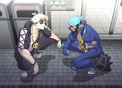  2boys anchor_necklace archie_(pokemon) bandana batabiru beard black_hair black_jacket black_pants blue_bandana closed_mouth commentary_request dark-skinned_male dark_skin eyewear_on_head facial_hair guzma_(pokemon) hood hooded_jacket jacket jewelry male_focus multicolored_hair multiple_boys muscular muscular_male necklace pants pokemon pokemon_oras pokemon_sm shiny shirt shoes short_sleeves squatting sunglasses team_aqua team_skull two-tone_hair undercut white_footwear white_hair white_shirt yellow-framed_eyewear 