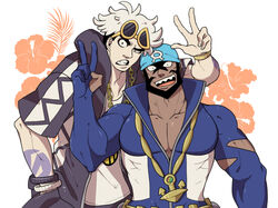  2boys archie_(pokemon) arm_tattoo bandana batabiru beard black_hair black_jacket blue_bandana bodysuit bracelet collarbone commentary_request dark-skinned_female dark_skin diving_suit eyewear_on_head facial_hair guzma_(pokemon) hand_in_pocket hand_up hood hooded_jacket jacket jewelry large_pectorals looking_at_viewer male_focus multicolored_hair multiple_boys muscular muscular_male open_mouth pectoral_cleavage pectorals pokemon pokemon_oras pokemon_sm sharp_teeth shirt short_sleeves smile sunglasses tattoo team_aqua team_skull teeth tongue two-tone_hair undercut v w watch wetsuit white_hair white_shirt wristwatch yellow-framed_eyewear 