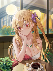  alisa_reinford bare_arms bare_shoulders bead_necklace beads blonde_hair bow breast_rest breasts breasts_on_table chibi_vanille cleavage closed_mouth coffee collarbone cup earrings eiyuu_densetsu female frown hairbow head_rest highres jewelry large_breasts long_hair looking_at_viewer necklace one_side_up plant potted_plant red_eyes sen_no_kiseki sitting solo table v-shaped_eyebrows 