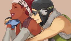  1boy 2gou apex_legends arm_tattoo bad_id bad_tumblr_id black_gloves black_headwear blue_gloves closed_mouth couple dark-skinned_female dark_skin detached_sleeves double_bun female fingerless_gloves gloves grey_tank_top hair_behind_ear hair_bun headband highres hug hug_from_behind lifeline_(apex_legends) mask mole mole_under_mouth octane_(apex_legends) parted_lips red_hair sharp_teeth smile straight tank_top tattoo teeth white_headband 