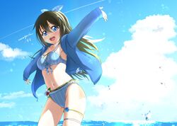  :d absurdres amamiya_(re-amamiya) arm_up artist_name bikini blue_bikini blue_eyes blue_jacket blue_ribbon breasts brown_hair commentary contrail day eyebrows_hidden_by_hair female hair_ribbon highres jacket long_hair looking_at_viewer love_live! love_live!_nijigasaki_high_school_idol_club medium_breasts navel ocean open_clothes open_jacket osaka_shizuku outstretched_arms pinstripe_pattern ribbon sidelighting signature sky smile solo spread_arms striped_bikini striped_clothes swimsuit teeth thigh_beads thigh_strap tongue upper_teeth_only vertical-striped_bikini vertical-striped_clothes 