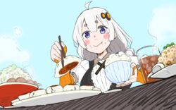  :&gt; ahoge black_dress blue_eyes blue_sky blush_stickers bowl braid chopsticks commentary cup dress drinking_glass dumpling eating elbow_gloves female fingerless_gloves food food_on_face fried_rice from_below full_mouth gloves grey_hair hair_ornament holding holding_bowl holding_chopsticks ice iced_tea jiaozi kizuna_akari meal orange_gloves peas plate rice rice_on_face saitou_tasuke shirt sky solo spoon thick_eyebrows upper_body vocaloid voiceroid white_shirt 