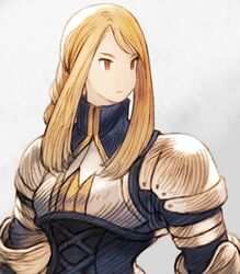  agrias_oaks armor blonde_hair braid braided_ponytail breastplate brown_eyes closed_mouth commentary_request female final_fantasy final_fantasy_tactics highres long_hair looking_away maeka_(kumaekake) no_nose parody shoulder_pads single_braid solo style_parody tsurime turtleneck upper_body yoshida_akihiko_(style) 