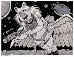  4_fingers amphibian anthro barbarella barbarella_(character) boots border bruce_mccorkindale clothing crossover domestic_pig duo fingers footwear frog hair holding_(disambiguation) kermit_the_frog laser_gun mammal miss_piggy monochrome muppets parody planet ranged_weapon science_fiction signature smile snout space spacecraft star suid suina sus_(pig) vehicle weapon white_border wings 