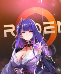  amd amd_ryzen braid brand_name_imitation breasts cleavage closed_mouth ddolggol electricity expressionless female genshin_impact gnosis_(genshin_impact) hair_ornament japanese_clothes kimono large_breasts long_hair looking_at_viewer low-braided_long_hair low-tied_long_hair mitsudomoe_(shape) mole mole_under_eye obi obiage obijime purple_eyes purple_hair purple_kimono raiden_shogun sash solo tomoe_(symbol) upper_body 