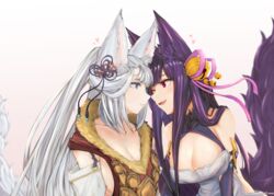  2girls animal_ears bell blue_eyes breasts cleavage detached_sleeves erune eye_contact fox_ears fox_girl fox_tail fur_collar gollizo granblue_fantasy grin hair_bell hair_ornament hair_ribbon heart highres long_hair looking_at_another multiple_girls noses_touching oerba_yun_fang one_eye_closed purple_hair red_eyes ribbon skin_fang smile societte_(granblue_fantasy) tail very_long_hair white_hair yuel_(granblue_fantasy) yuri 