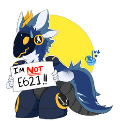  1:1 ambiguous_gender anthro blue_body blue_fur bodily_fluids e621 english_text fur hi_res holding_object holding_sign lol_comments machine protogen protogen_visor sign solo sweat sweatdrop temporarywizard text thick_thighs 