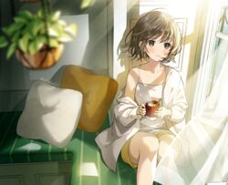  bangs blurry blurry_foreground brown_eyes brown_hair camisole collarbone commentary_request cup curtains day female highres holding holding_cup indoors jacket looking_at_viewer off_shoulder original rokcha short_hair shorts sitting solo twitter_username white_jacket window yellow_shorts 