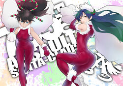  2girls ass black_hair blue_eyes bodysuit boots breasts candy candy_cane candy_cane_hair_ornament carrying_over_shoulder clenched_hand closed_mouth commentary_request covered_navel elbow_gloves english_text food food-themed_hair_ornament frown fur-trimmed_boots fur-trimmed_gloves fur_trim ganaha_hibiki gloves hair_ornament highres holly holly_hair_ornament idolmaster idolmaster_(classic) kisaragi_chihaya large_breasts leg_up logo long_hair looking_at_viewer looking_back multicolored_background multiple_girls oversized_object paint_splatter red_bodysuit red_footwear red_gloves santa_costume sleeveless sleeveless_bodysuit standing wata_do_chinkuru 