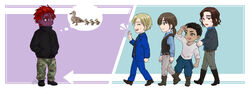  5boys bird blonde_hair blue_suit brown_hair chibi closed_eyes commentary cyrus_(the_saga_of_darren_shan) duck glalda hands_in_pockets kurda_smahlt male_focus mine_akatsuki multiple_boys purple_skin red_hair short_hair smile the_saga_of_darren_shan vest 