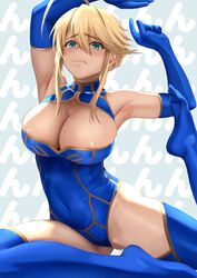  ahoge areola_slip armpits arms_up artoria_pendragon_(fate) artoria_pendragon_(lancer)_(fate) blonde_hair blue_gloves blue_leotard blue_thighhighs blush braid breasts cleavage commentary_request elbow_gloves fate/grand_order fate_(series) female french_braid gloves green_eyes highleg highleg_leotard highres large_breasts leotard long_hair pigeon_pose shiny_skin sidelocks sleeveless sleeveless_turtleneck sleeveless_turtleneck_leotard solo thighhighs turtleneck yamaneko_(tkdrumsco) yoga 