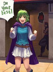  1boy bad_id bad_twitter_id black_scarf blue_shirt cape english_text female fire_emblem fire_emblem:_the_blazing_blade green_eyes green_hair highres jaffar_(fire_emblem) leaning_back miniskirt nino_(fire_emblem) open_mouth pouch purple_cape red_hair redaster8 scarf shirt shouting skirt speech_bubble talking tattoo 