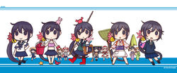  absurdres akebono_(kancolle) akebono_(saury_festival)_(kancolle) akebono_(swimsuit_mode)_(kancolle) animal_on_head animal_on_shoulder arms_behind_back bell bikini black_socks blue_sailor_collar blue_skirt blue_sweater boots broom bucket chibi commentary crab fishing_rod flower fuzino green_vest hair_bell hair_flower hair_ornament highres japanese_clothes jingle_bell kantai_collection kimono kneehighs long_hair looking_at_viewer oboro_(kancolle) official_alternate_costume on_head pink_bikini pink_kimono pleated_skirt purple_eyes purple_hair rabbit red_footwear rubber_boots sailor_collar sazanami_(kancolle) school_uniform serafuku short_sleeves side_ponytail skirt sleeves_rolled_up socks solo_focus sweater swimsuit tasuki translated two-tone_background ushio_(kancolle) variations very_long_hair vest white_background 