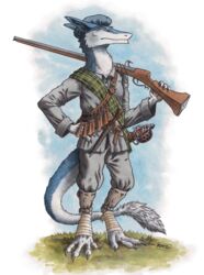  0laffson 2023 anthro baldric basket-hilted_sword belt blue_body blue_eyes blue_fur bollock_dagger bottomwear buckle claymore clothing dagger dated day fantasy feet foot_wraps fur gaiters grass grey_bottomwear grey_clothing grey_pants grey_shirt grey_topwear gun hat headgear headwear hi_res light looking_forward male matchlock melee_weapon outside painting_(artwork) pants plant ranged_weapon sash scabbard scottish scottish_broadsword sergal shirt signature sky slaevek solo standing sunlight sword tail tail_tuft topwear traditional_media_(artwork) tuft uniform watercolor_(artwork) weapon white_body white_fur wraps 