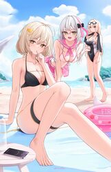  3girls anis_(nikke) bare_shoulders barefoot beach beach_towel bikini bikini_skirt black_bikini black_one-piece_swimsuit blush breasts cellphone cleavage collarbone commentary competition_swimsuit counters_(nikke) day feet front-tie_bikini_top front-tie_top glasses goddess_of_victory:_nikke goggles goggles_on_head green_eyes hair_between_eyes hair_intakes hair_ornament highleg highleg_bikini highres innertube large_breasts leaning_forward light_brown_hair long_hair mizoshi-x multiple_girls neon_(blue_ocean)_(nikke) neon_(nikke) official_alternate_costume one-piece_swimsuit orange_eyes outdoors phone pink_innertube pink_skirt rapi_(classic_vacation)_(nikke) rapi_(nikke) sand short_hair side-tie_bikini_bottom skirt smartphone swim_ring swimsuit symbol-only_commentary thigh_strap toes towel untied_bikini white_hair white_one-piece_swimsuit yellow_eyes 