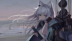  animal_ear_fluff animal_ears arknights backpack bag beach black_coat black_gloves book bracelet cat_ears closed_mouth cloud cloudy_sky coat crying crying_with_eyes_open day female fingerless_gloves fingernails floating_hair gloves green_eyes hand_up highres holding holding_book hood hood_down infection_monitor_(arknights) jewelry long_fingernails long_hair looking_at_viewer ocean open_clothes open_coat outdoors rosmontis_(arknights) sky solo tears timitarcat upper_body white_hair wind 