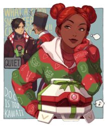  2boys 2gou anger_vein annoyed apex_legends bad_id bad_tumblr_id black_eyes black_hair black_headwear blue_background border brown_jacket brown_sweater christmas_sweater crypto_(apex_legends) d.o.c._health_drone dark-skinned_female dark_skin double_bun english_text facial_hair female green_hoodie hair_behind_ear hair_bun highres hood hoodie jacket lifeline_(apex_legends) looking_to_the_side mirage_(apex_legends) moustache multiple_boys musical_note outside_border red_hoodie robot smile speech_bubble striped_clothes striped_hoodie sweater the_wisecracker_mirage white_border 