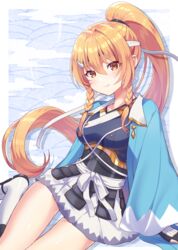  arm_support armor braid female haori japanese_armor japanese_clothes kijinmaru_kunishige_(tenka_hyakken) looking_at_viewer official_alternate_costume okanoyuno orange_eyes orange_hair ponytail shinsengumi sitting skirt solo tenka_hyakken twin_braids wariza wing_collar 