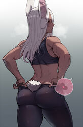  adjusting_clothes alternate_costume animal_ears ass back bare_shoulders black_pants black_sports_bra blush boku_no_hero_academia butt_crack clothed_after_sex commentary_request cowboy_shot cross_section dark-skinned_female dark_skin dimples_of_venus female fertilization from_behind heart heavy_breathing highres implied_after_sex impregnation korean_commentary long_hair looking_at_viewer looking_back mirko outline ovum pants parted_bangs profile rabbit_ears rabbit_girl rabbit_tail ratatatat74 red_eyes see-through solo sperm_cell sports_bra steaming_body sweat tail thighs tight_clothes tight_pants toned underwear white_hair yoga_pants 