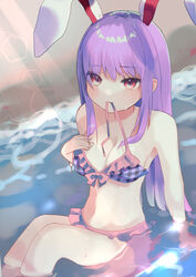  animal_ears bikini breasts cleavage day feet_out_of_frame female frills hand_on_own_chest highres ijen_(ljenejl) large_breasts lens_flare light_blush light_rays long_hair mouth_hold outdoors partially_submerged purple_hair rabbit_ears red_eyes reisen_udongein_inaba sitting solo swimsuit touhou very_long_hair 