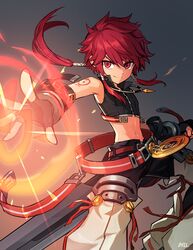  1boy arm_tattoo commentary elsword elsword_(character) jewelry looking_at_viewer magic male_focus midriff_peek navel necklace ohil_(ohil822) outstretched_arms red_eyes red_hair rune_slayer_(elsword) simple_background smile solo tattoo wrist_cuffs 