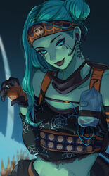  2gou absurdres apex_legends bad_id bad_tumblr_id black_eyeshadow black_headband black_lips black_tank_top blue_eyes breasts brown_gloves claw_pose colored_skin crop_top detached_sleeves eyeshadow female gloves green_skin green_widow_lifeline hair_bun head_tilt headband headset highres lifeline_(apex_legends) looking_at_viewer makeup navel single_side_bun small_breasts smile solo tank_top 