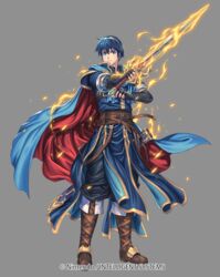  1boy belt blue_eyes blue_hair boots cape closed_mouth commentary_request company_connection company_name falchion_(fire_emblem) fingerless_gloves fire_emblem fire_emblem:_mystery_of_the_emblem fire_emblem_cipher gloves glowing glowing_weapon grey_background holding holding_sword holding_weapon izuka_daisuke jewelry knee_boots looking_at_viewer male_focus marth_(fire_emblem) official_art pants sheath short_hair short_sleeves simple_background solo standing sword tiara weapon 