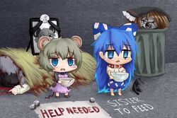  4girls android animal_collar animal_ears begging black_bow blood blue_bow blue_eyes blue_skirt bow bowl brown_hair chibi collar cookie_(touhou) corpse dress english_commentary english_text fake_nyon_(cookie) full_body grey_hoodie grey_shirt hair_between_eyes hairbow hakurei_reimu holding holding_bowl hood hoodie iei large_bow long_hair mochiya_(cookie) mouse_ears multiple_girls nazrin nyon_(cookie) open_mouth patch patchwork_clothes pinafore_dress pink_dress poverty rock shirt short_hair skirt sleeveless sleeveless_dress stuffed_animal stuffed_cat stuffed_toy tearing_up tongjm touhou trash_can yorigami_shion zerukalo_(cookie) 