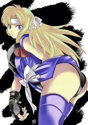  ass blonde_hair blue_eyes blue_thighhighs breasts female fingerless_gloves gloves headband highres large_breasts long_hair looking_at_viewer martial_champion okobore_de_shou racheal solo thighhighs 