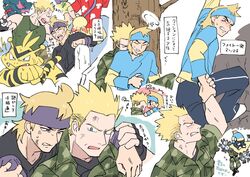  2boys @_@ against_tree arm_around_shoulder blonde_hair blue_eyes blue_headband commentary_request dirty dirty_face dog_tags electabuzz great_ball green_shirt headband holding holding_poke_ball magneton male_focus misdreavus morty_(pokemon) multiple_boys nibo_(att_130) open_mouth parted_lips poke_ball pokemon pokemon_(creature) pokemon_adventures shirt star_(symbol) surge_(pokemon) translation_request tree 