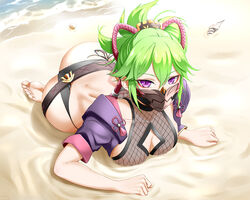  ass banned_artist barefoot beach black_mask black_panties breasts cleavage feet female fishnet_top fishnets genshin_impact green_eyes hair_ornament highres jacket kimmy77 kuki_shinobu looking_at_viewer lying mask mouth_mask ninja on_stomach panties ponytail purple_eyes sand seashell shell soles solo toes underwear 