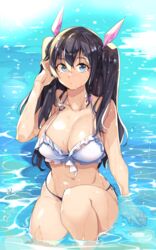  bikini black_hair blue_eyes breasts closed_mouth ddolggol female frilled_bikini frills hair_between_eyes hair_ribbon highres korean_commentary large_breasts long_hair looking_at_viewer original partially_submerged pool ribbon solo swimsuit tress_ribbon two_side_up water wet wet_hair white_bikini 