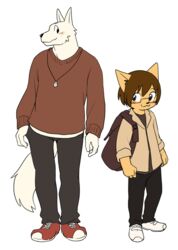  2019 anthro blush canid canine canis clothing domestic_cat domestic_dog duo felid feline felis looking_at_viewer male male/male mammal manmosu_marimo shota_feline_(marimo) simple_background smile standing white_background white_canine_(marimo) young 