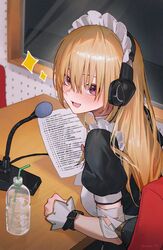  absurdres apron blonde_hair blush bottle commentary drinking_straw excited female headphones highres holding holding_paper indoors long_hair looking_at_viewer looking_back maid maid_apron maid_headdress microphone original paper puffy_short_sleeves puffy_sleeves radio_booth red_eyes script short_sleeves solo sooon sparkle table upper_body water_bottle window 