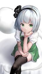  &gt;:) absurdres black_bow black_bowtie black_hairband black_ribbon black_thighhighs blush bow bowtie crossed_legs elbow_rest feet_out_of_frame female green_eyes green_skirt green_vest hair_ribbon hairband hand_up head_rest highres hitodama isemori konpaku_youmu konpaku_youmu_(ghost) looking_at_viewer miniskirt petticoat puffy_short_sleeves puffy_sleeves ribbon shirt short_hair short_sleeves sitting skirt smile solo thighhighs touhou v-shaped_eyebrows vest white_background white_hair white_shirt zettai_ryouiki 