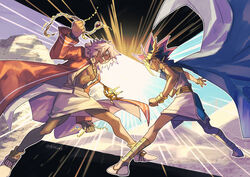  2boys armlet atem black_hair blonde_hair bracelet cape coat commentary_request dark-skinned_male dark_skin egyptian eye_contact fushitasu holding jewelry legs_apart long_sleeves looking_at_another male_focus multicolored_hair multiple_boys open_clothes open_coat purple_cape shoes spiked_hair standing touzokuou_bakura white_footwear white_hair yu-gi-oh! yu-gi-oh!_duel_monsters 