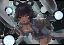  :d blue_dress blue_eyes blue_hair blurry blurry_background breasts cleavage danmaku dress female full_body hagoromo hair_ornament hair_rings hair_stick highres holding holding_stick ijen_(ljenejl) kaku_seiga medium_breasts open_mouth shawl short_hair smile solo stick touhou vest 