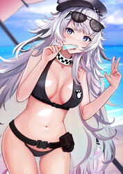  462vvv absurdres beach bikini black_bikini blue_eyes breasts choker cleavage eyewear_on_head female food food_in_mouth goddess_of_victory:_nikke hat highres light_blush long_hair medium_breasts navel ocean outdoors poli_(nikke) police_hat popsicle popsicle_in_mouth sand sidelocks solo sunglasses swimsuit v very_long_hair wavy_hair white_hair 