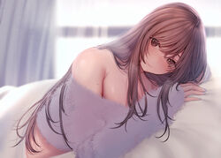  amane_ruri bare_shoulders bed_sheet blanket blurry blurry_background blush brown_eyes brown_hair closed_mouth commentary_request depth_of_field female fingernails fur_sweater grey_nails indoors long_fingernails long_hair long_sleeves looking_at_viewer lying mole mole_on_arm nail_polish on_bed on_stomach original pov_across_bed purple_sweater sleeves_past_wrists smile solo sweater under_covers upper_body 