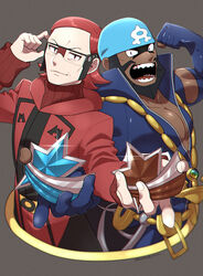  2boys adjusting_eyewear archie_(pokemon) bandana batabiru beard black_hair blue_bandana bodysuit clenched_hand closed_mouth collarbone commentary_request dark-skinned_male dark_skin diving_suit facial_hair glasses glint hands_up highres holding looking_at_viewer male_focus maxie_(pokemon) medium_hair multiple_boys open_mouth pokemon pokemon_masters_ex pokemon_oras red_hair ribbed_sweater sharp_teeth shiny smile sweater team_aqua team_magma teeth tongue wetsuit 