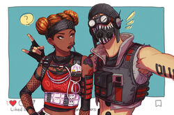  1boy 2gou ? apex_legends bad_id bad_tumblr_id black_eyes black_gloves black_headwear cropped_vest dark-skinned_female dark_skin detached_sleeves female fingerless_gloves gloves goggles grey_vest head_tilt headset highres lifeline_(apex_legends) looking_at_viewer looking_to_the_side mask midriff mouth_mask navel octane_(apex_legends) orange_hair red_tank_top spoken_question_mark tank_top vest 