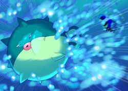  9gojonnybgo absurdres air_bubble battle blurry bubble cheek_press clawitzer commentary_request fish highres no_humans pokemon pokemon_(creature) puffer_fish qwilfish underwater 